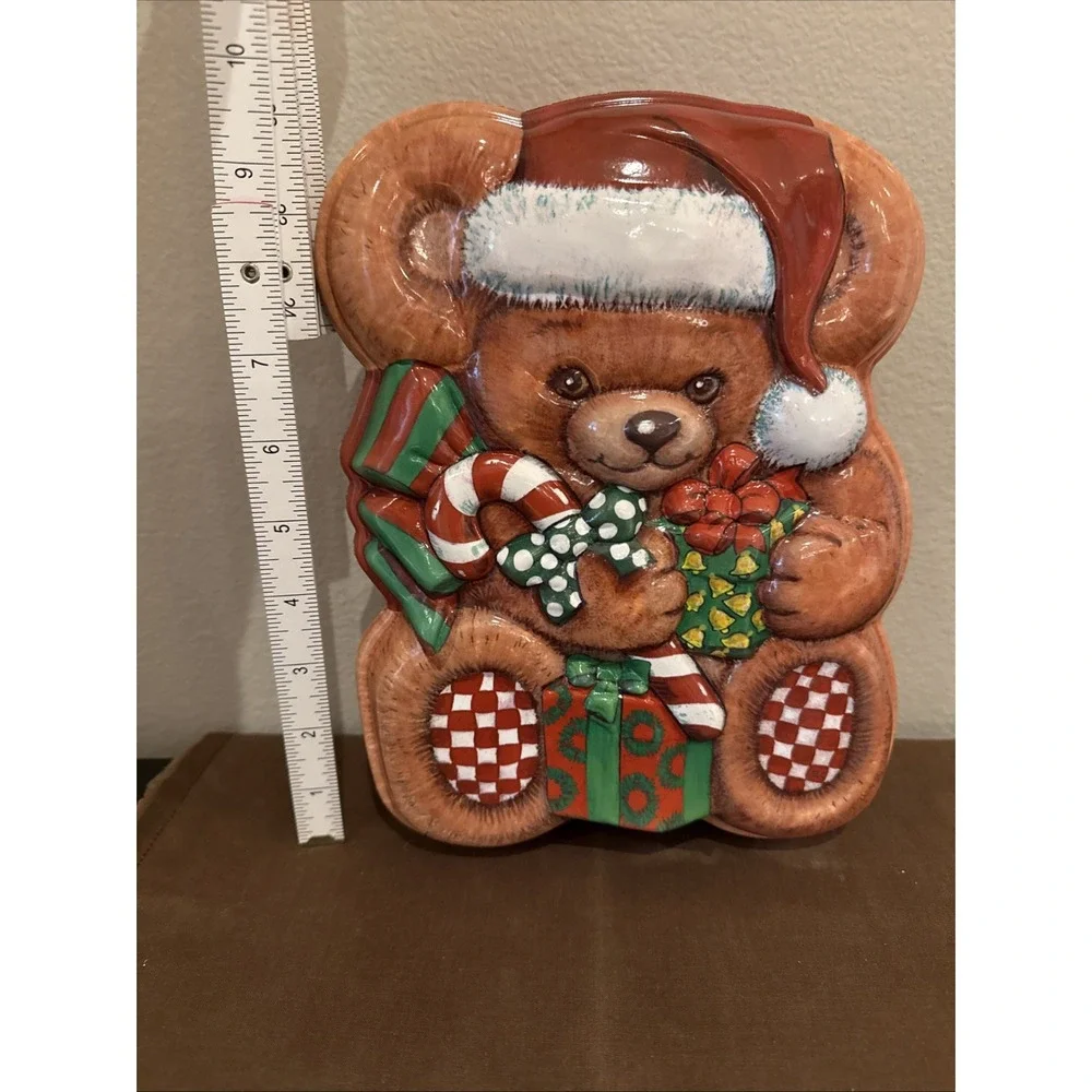 Vintage Ullman Christmas Red 3D Cookie Container Teddy Brown Bear Made‎ in USA
